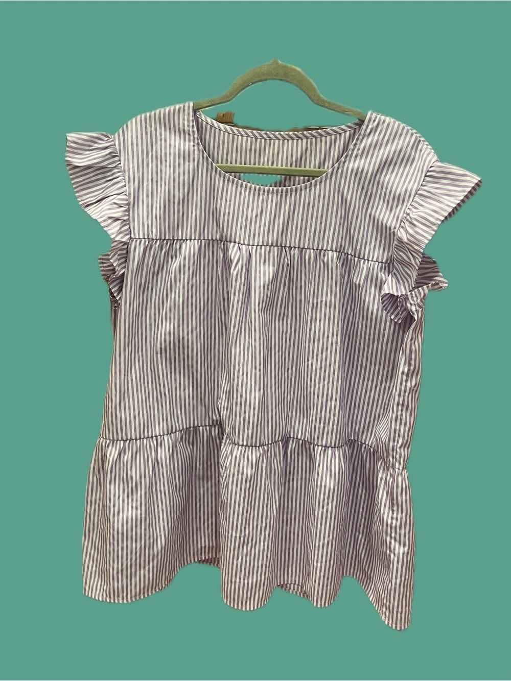 Frill Sleeve Vertical Purple Stripe Ruffled Tiered Tunic Shirt Approx Sz Large